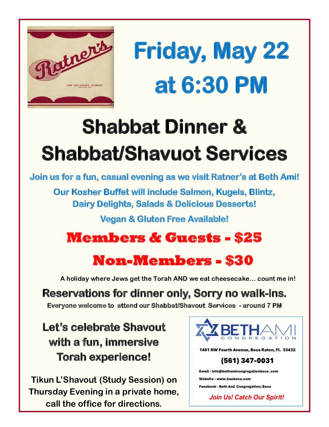 Shavout  Dinner - Ratner's May 22