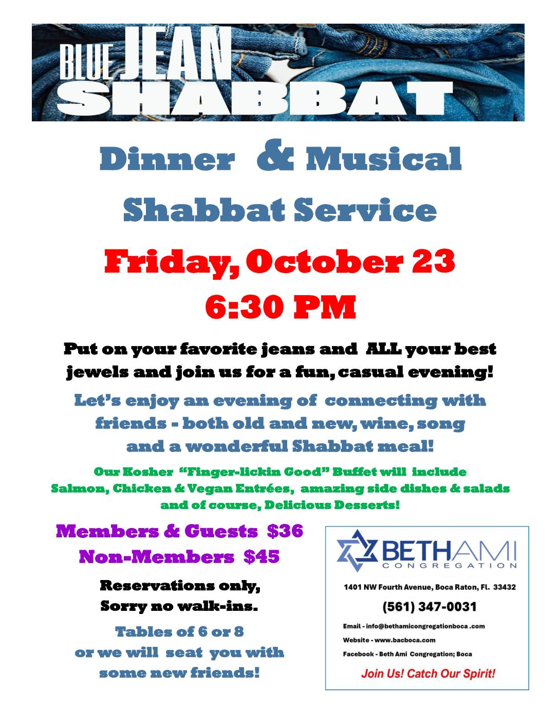 Blue Jean Shabbat 👖 - Musical Shabbat & Dinner 10/23