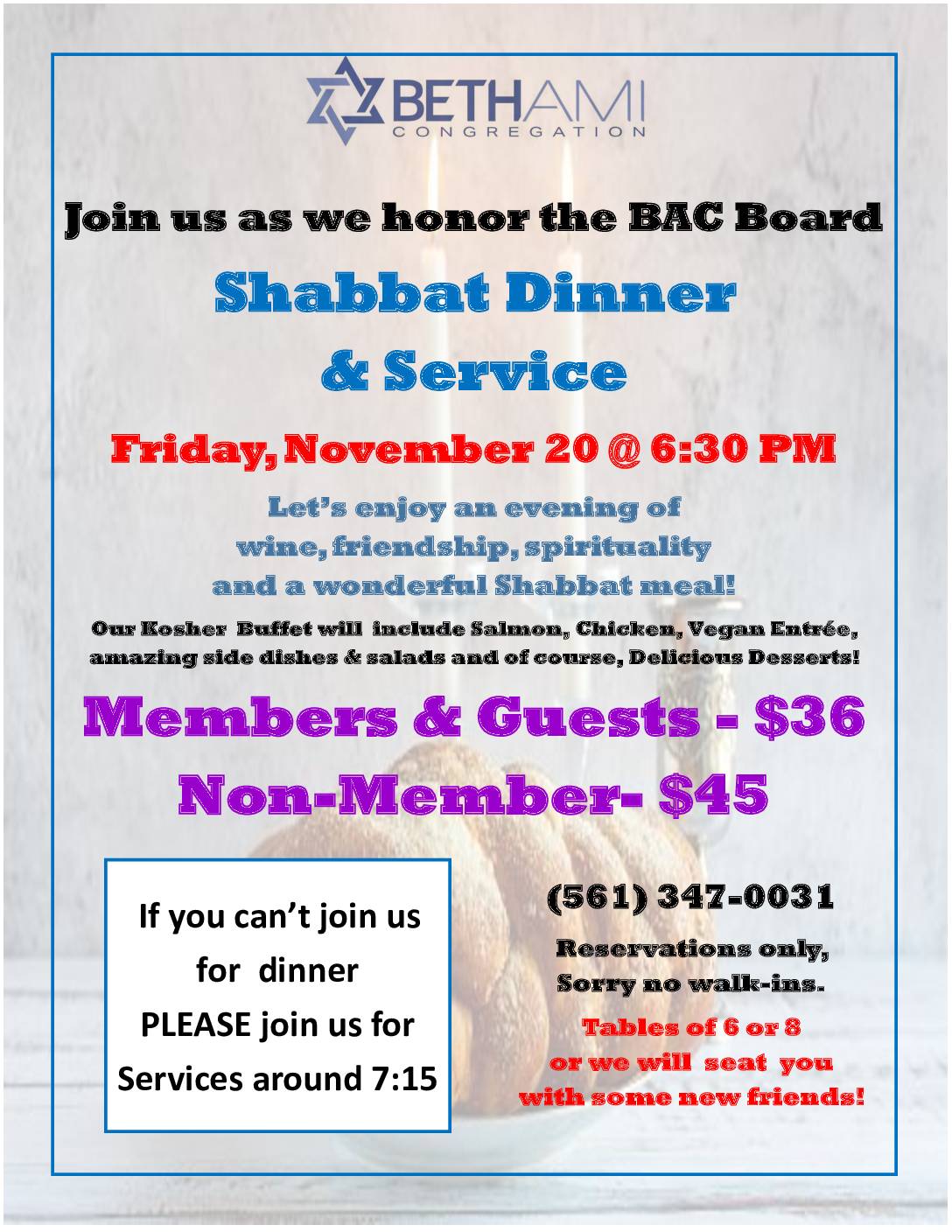 Shabbat Dinner & Service In Honor of BAC Board 11/20